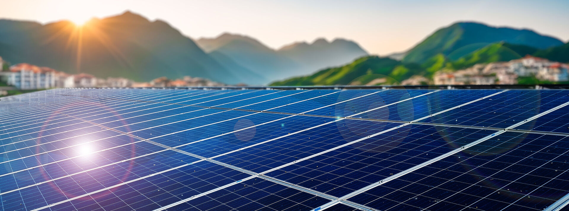 Solar PV panels on the roof with mountains landscape on the background